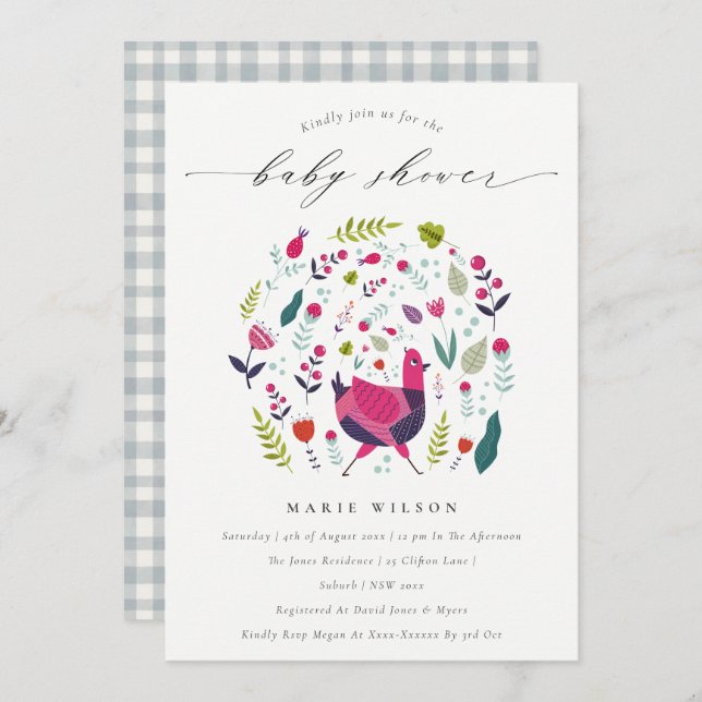 Bright Folk Farm Floral Birdie Baby Shower Invite (Front/Back)