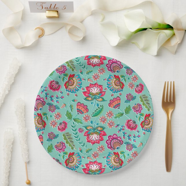  bright folk flower turquoise pattern wedding  paper plate (Wedding)