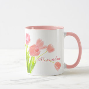 Bright, Fresh, Pink Tulip Bouquet on white name Mug