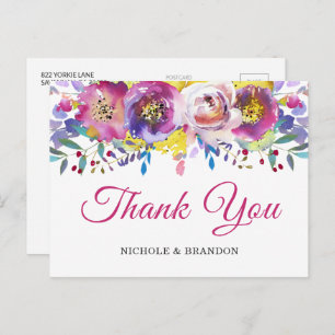 Bright Fuchsia Gold Floral Thank You Postcard