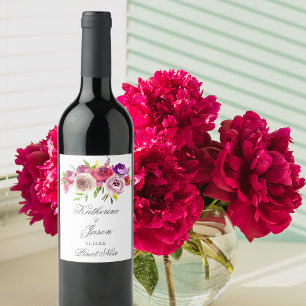 Bright Fuchsia Pink Floral Romantic Garden Wedding Wine Label