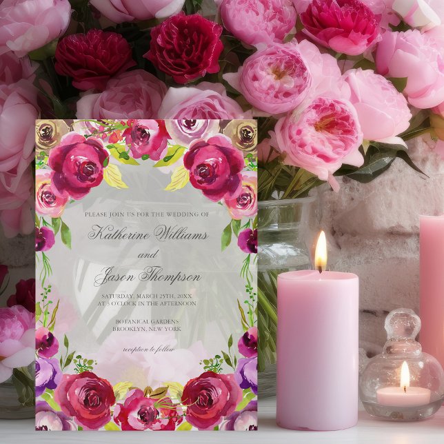 Bright Fuchsia Pink Floral Romantic Wedding Vellum Invitations (Creator Uploaded)