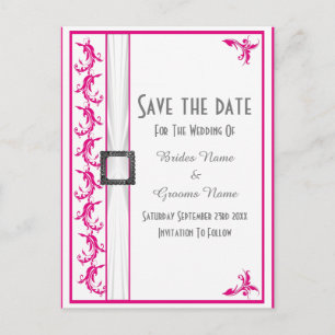 Bright fuchsia pink white lace save the date announcement postcard