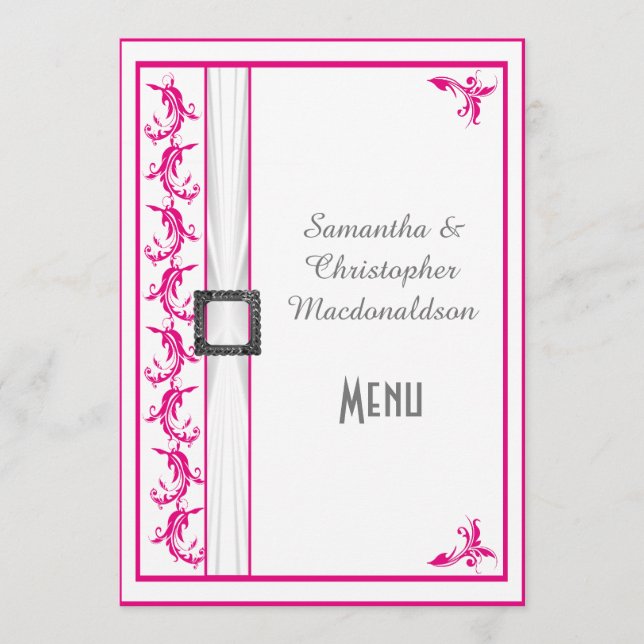 Bright fuchsia pink white lace wedding menu (Front)