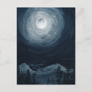 Bright full moon star mountain dark blue night sky postcard