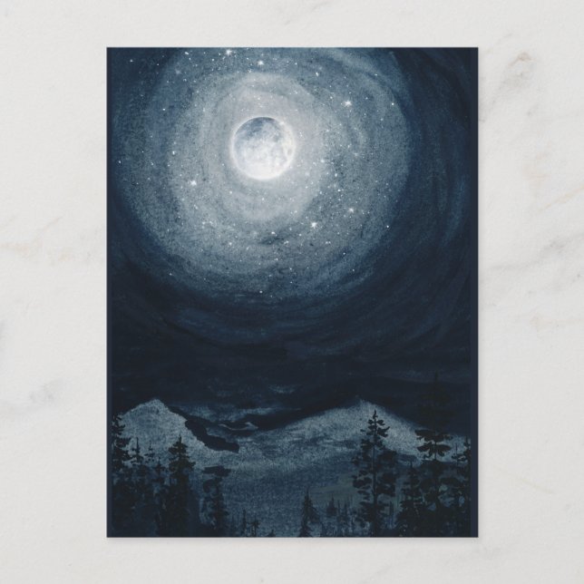 Bright full moon star mountain dark blue night sky postcard (Front)