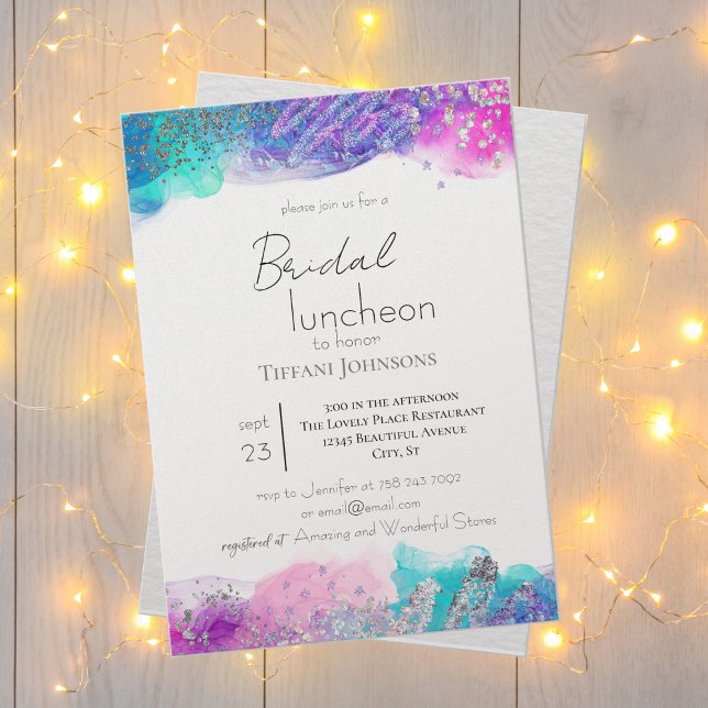 Bright Fun Mermaid Ink Glitter Bridal Luncheon Invitation (Creator Uploaded)