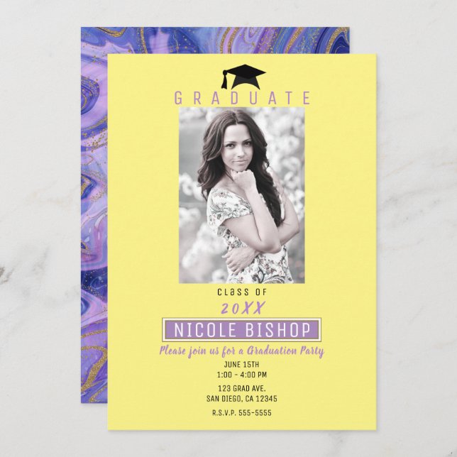 Bright Fun Purple Yellow Graduation Photo Party  Invitation (Front/Back)