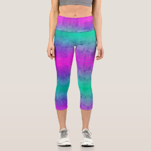 Bright Fun Turquoise and Purple Ombre Stripes Capri Leggings
