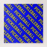 Bright Fun Vivid Yellow Blue Tiled PICKLEBALL Text Jigsaw Puzzle<br><div class="desc">This fun,  sporty design features bright yellow athletic PICKLEBALL text,  outlined in white,  and tiled diagonally against a bright blue background.  The colours and text can be personalised.</div>
