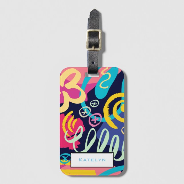 Bright Funky 1980s Retro Pattern with Name Luggage Tag (Front Vertical)
