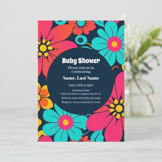 Bright Funky Flowers-Retro- Dopamine Style Invitation (Standing Front)