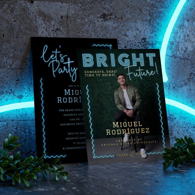Bright Future Blue Neon Grad Photo Graduation (Bright Future Blue Neon Grad Photo Graduation Foil Invitation)