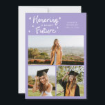 Bright Future Stars Multi Photo Lilac Grad Announcement<br><div class="desc">Modern and whimsical graduation announcement photo card featuring 3 photos on the front with a text that says "Honoring a bright future." Add the graduate's name,  information,  and message to personalize this card. Lilac background.</div>