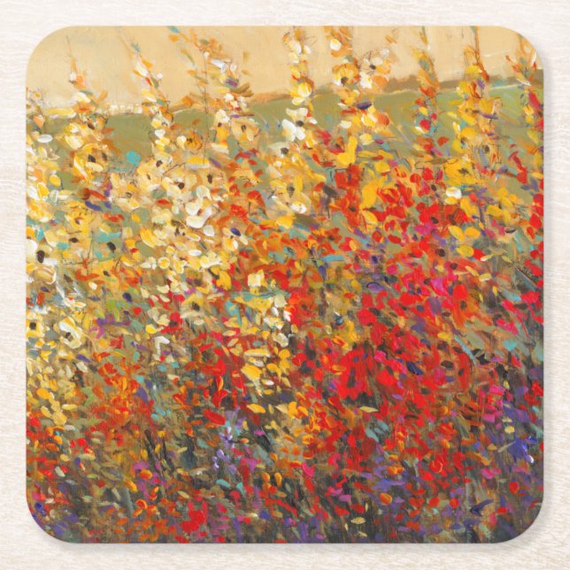 Bright Garden Mural of Spring Wildflowers Square Paper Coaster (Front)