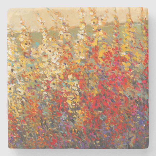 Bright Garden Mural of Spring Wildflowers Stone Coaster (Front)