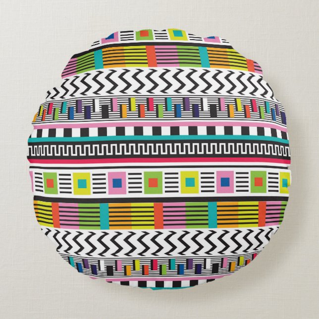 Bright Geometric Lines: Abstract Seamless. Round Cushion (Front)