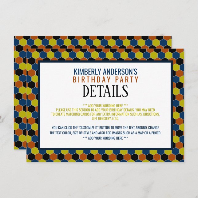 Bright Geometric Pattern, Modern Birthday Detail Invitation (Front/Back)