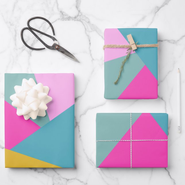 Bright Geometric Sunburst Shapes Hot Pink Yellow  Wrapping Paper Sheet (Front)