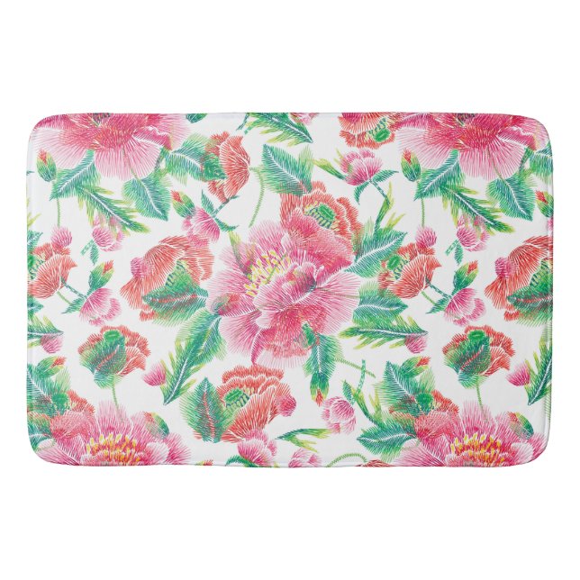 Bright Girly Pink Flowers Pattern Bath Mat (Front)