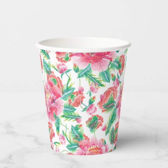 Bright Girly Pink Flowers Pattern Paper Cups (Front)