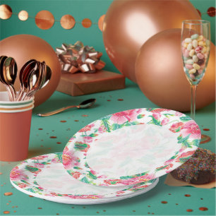 Bright Girly Pink Flowers Pattern Paper Plate