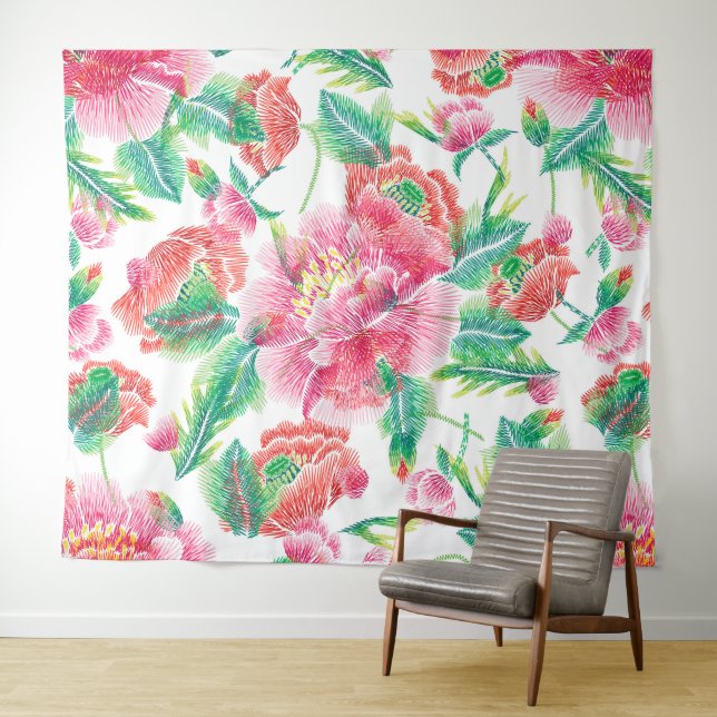 Bright Girly Pink Flowers Pattern Tapestry (In Situ (Horizontal))