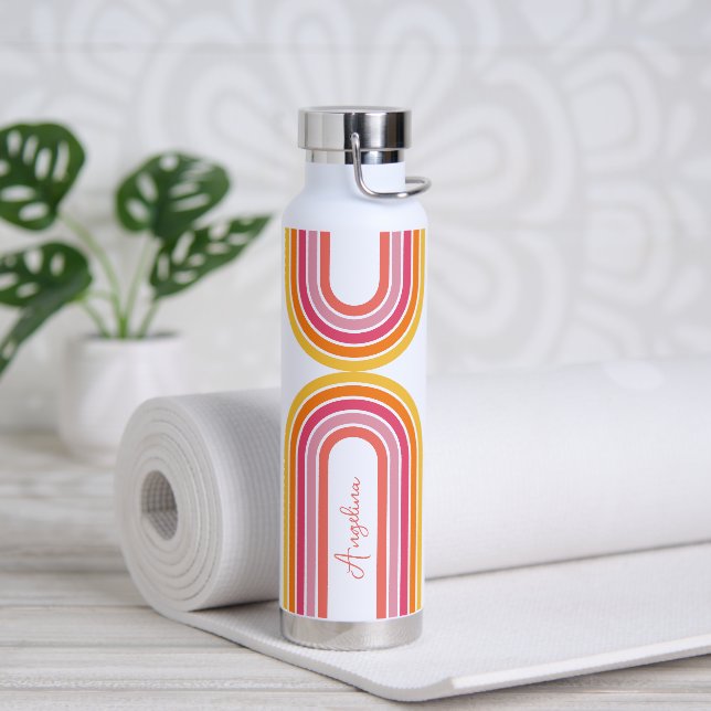 Bright Girly Rainbow Stripes Pattern with Name Water Bottle (Yoga)