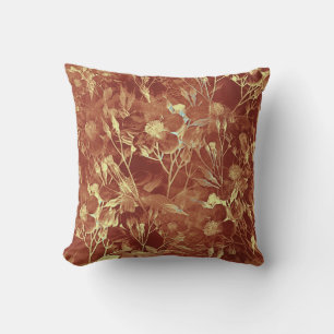 Bright Gold and Dusty Pink Orange Leaves Flowers Cushion