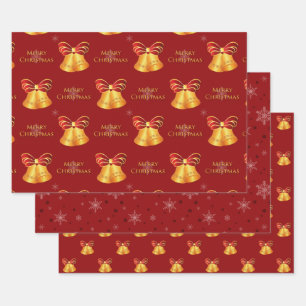 Bright Gold Bells and Red Snowflakes Christmas Wrapping Paper Sheet