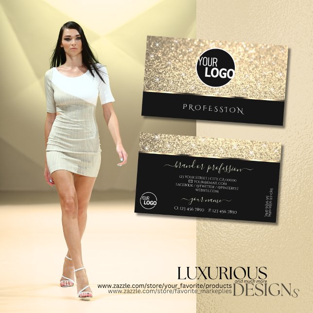 Bright Gold Glitter Luminous Stars and Logo Black Business Card (Creator Uploaded)