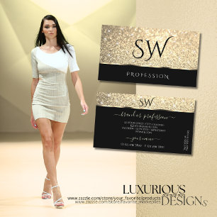 Bright Gold Glitter Luminous Stars Initials Black  Business Card