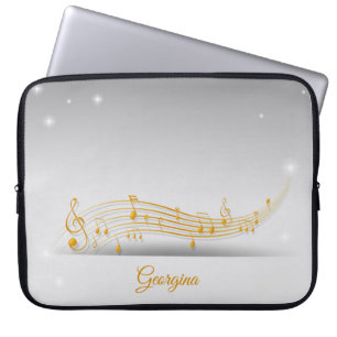 Bright Gold Music Notes with Custom Name Laptop Sleeve