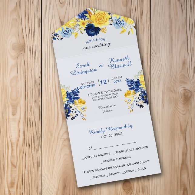 Bright Gold Navy Blue Floral Bouquet Wedding All In One Invitation (Creator Uploaded)