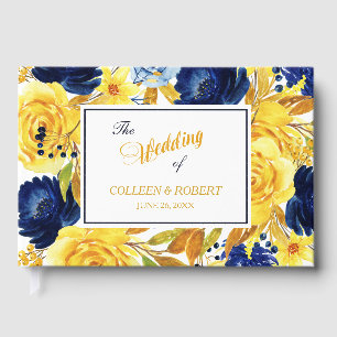 Bright Gold Navy Blue Floral Wedding Guest Book