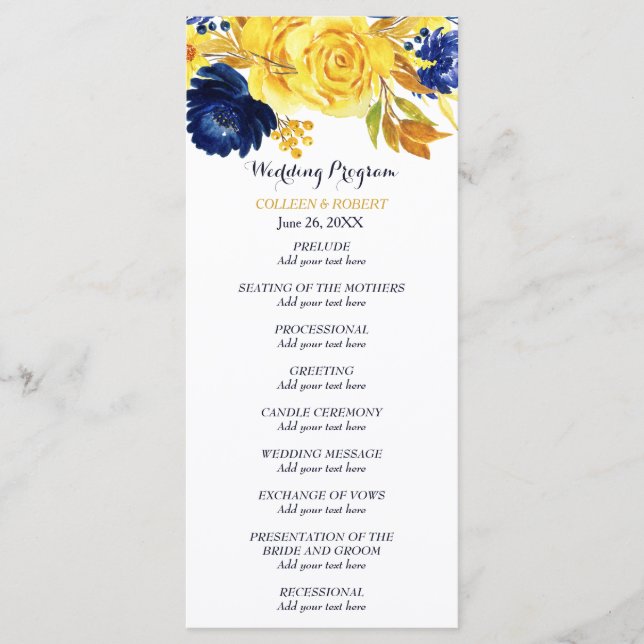 Bright Gold Navy Blue Floral Wedding Program Programme (Front)
