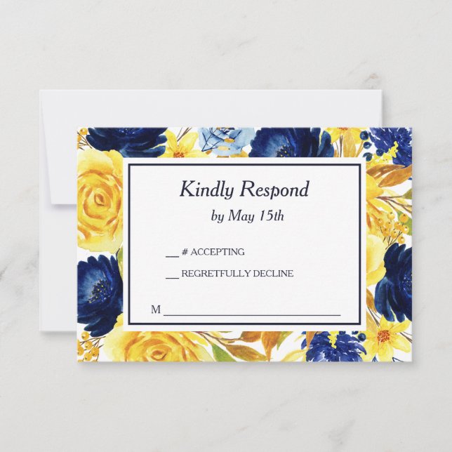 Bright Gold Navy Blue Floral Wedding RSVP Card (Front)