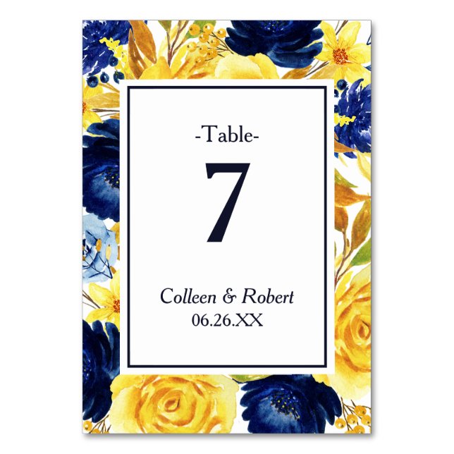 Bright Gold Navy Blue Floral Wedding Table Card (Front)