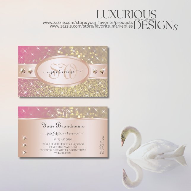 Bright Gold Pink Purple Glitter Jewels Initials Business Card (Creator Uploaded)