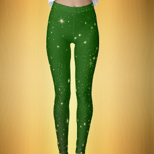 Bright Golden Twinkle Stars  Dark Green Chrismtas Leggings