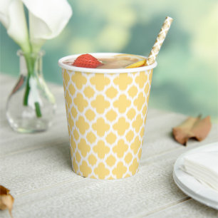 Bright Golden Yellow White Ikat Quatrefoil Pattern Paper Cups