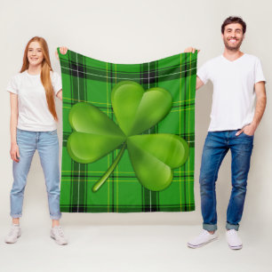 Bright Green 3-leaf Clover on Plaid Tartan Fleece Blanket