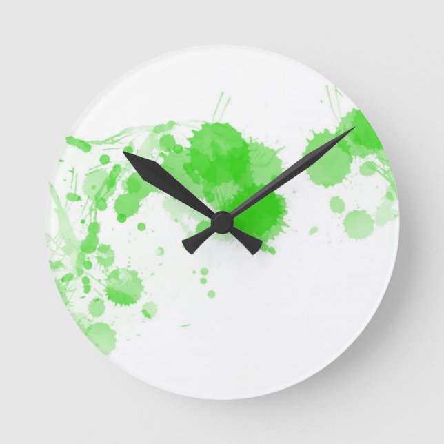 Bright Green Abstract Paint Splatter Splodge Round Clock (Front)