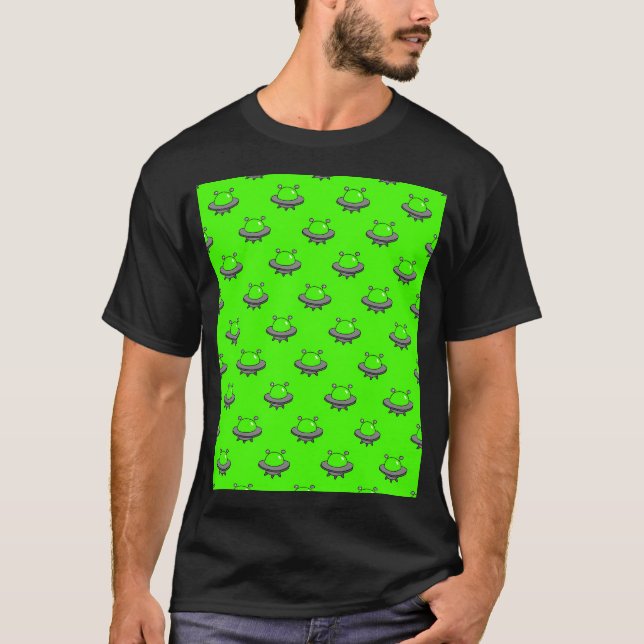 Bright Green Alien Ufo Pattern T-Shirt (Front)