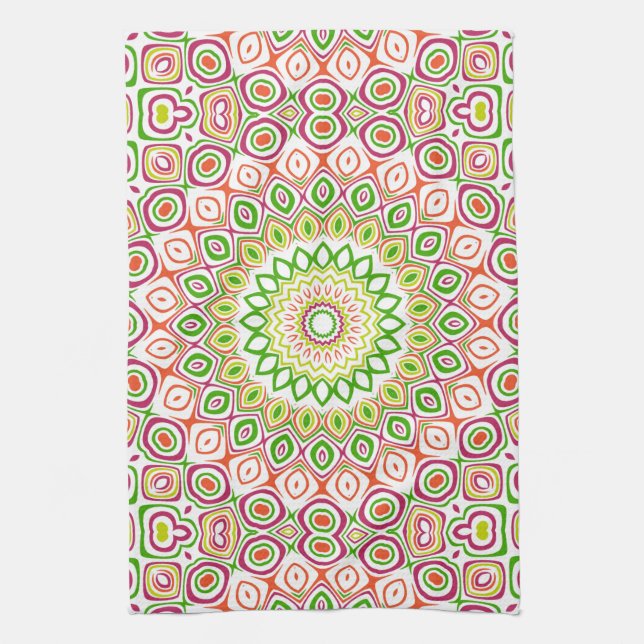 Bright Green and Magenta Mandala Pattern Tea Towel (Vertical)