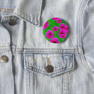 Bright Green and Pink Flower Pattern  6 Cm Round Badge
