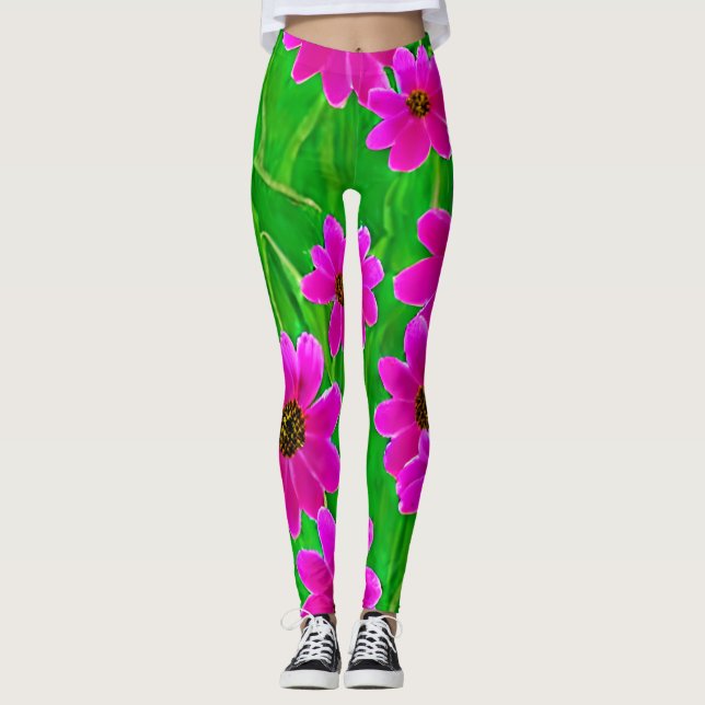 Bright Green and Pink Flower Pattern  Leggings (Front)