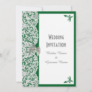Bright green and white lace traditional wedding invitation