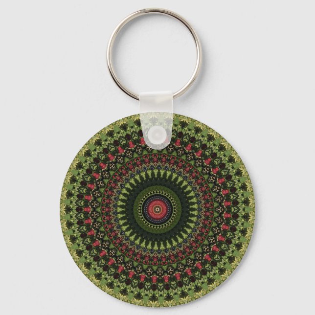 Bright Green Black and Red Mandala Design Bandana Key Ring (Front)