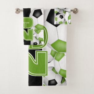 bright green black Lots of soccer balls sports Bath Towel Set